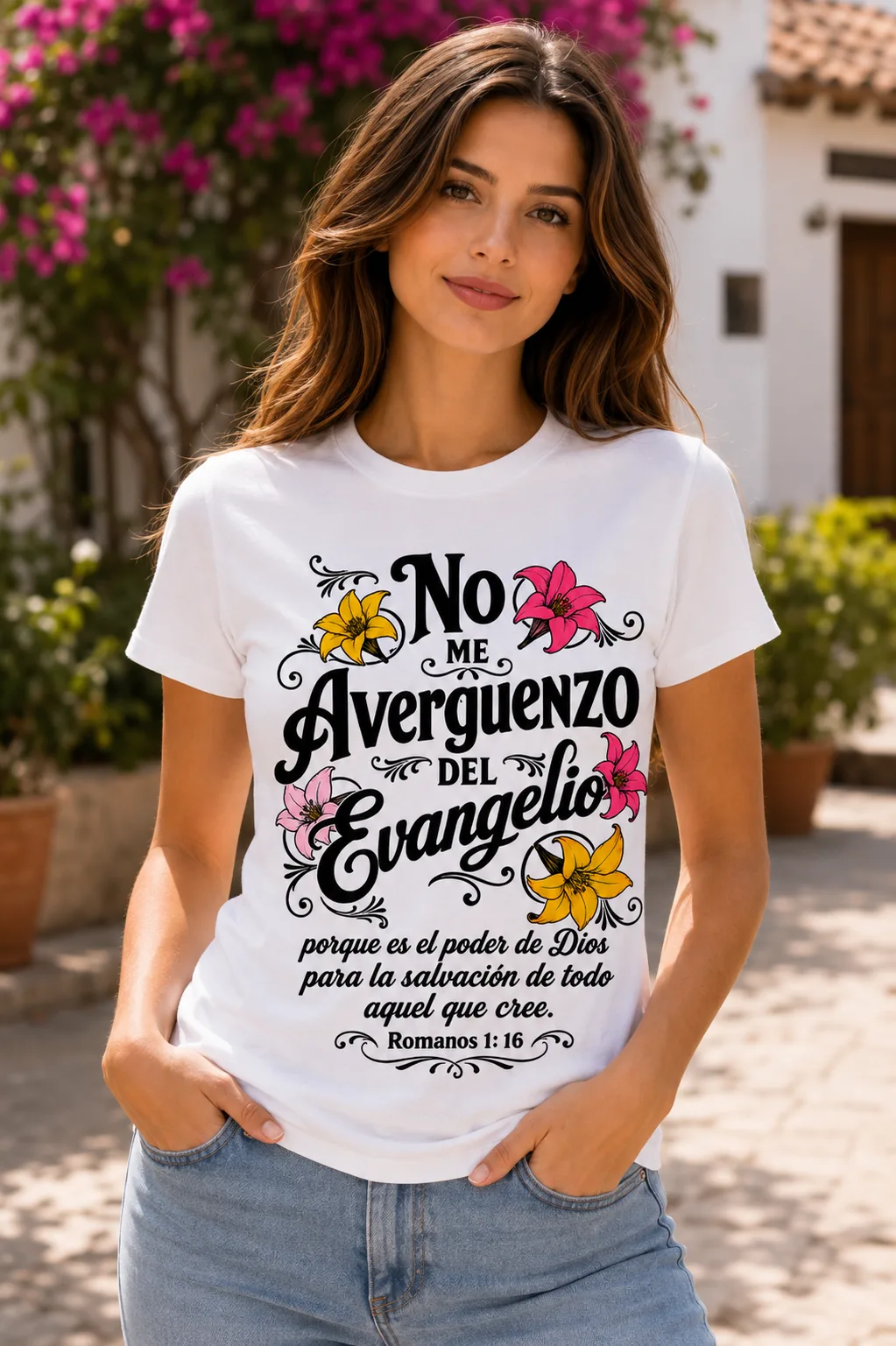 Blusa Blanca Sublimada Piel de Durazno – Romanos 1:16 🌸