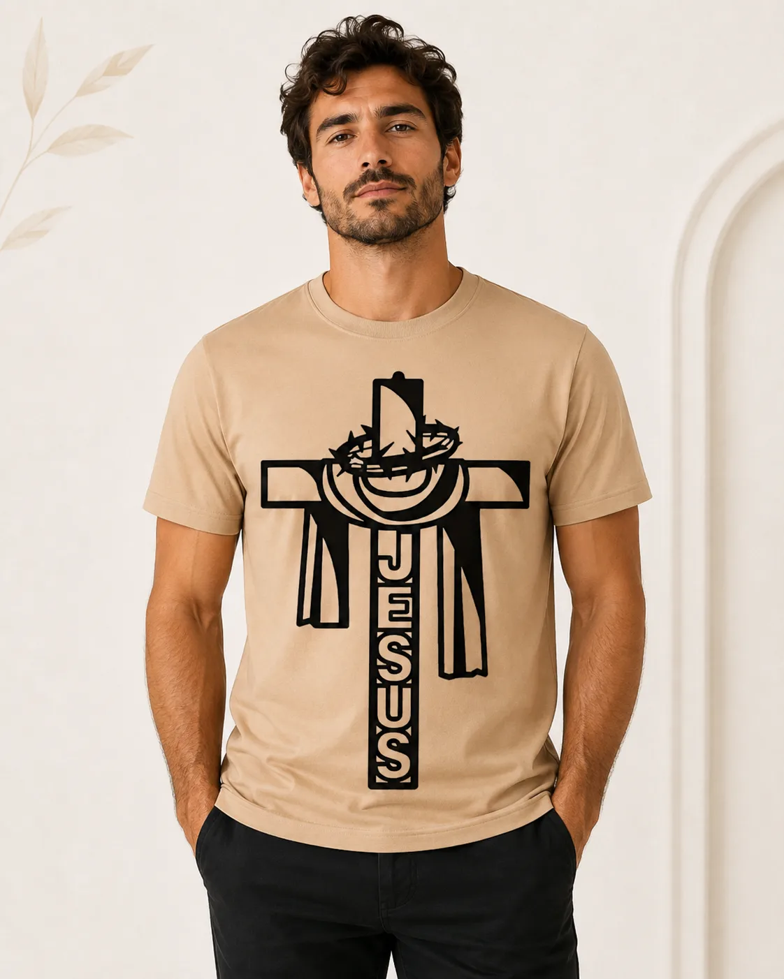 Camiseta para Hombre Jesús con Cruz y Corona de Espinas