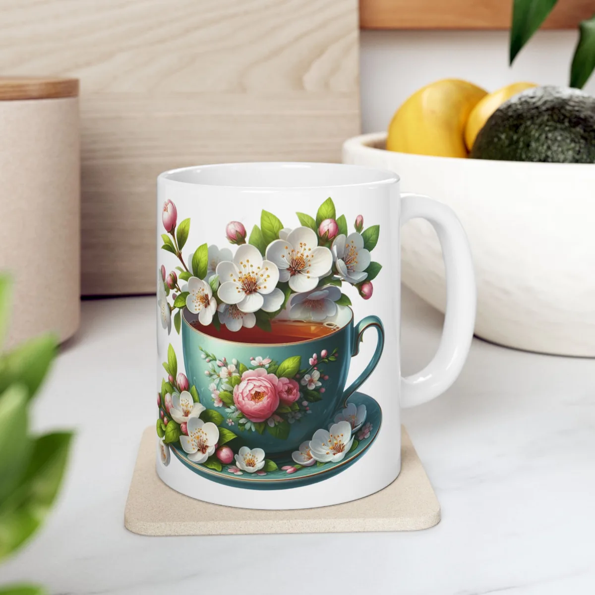 Taza de Té Vintage Flores Blancas y Rosadas