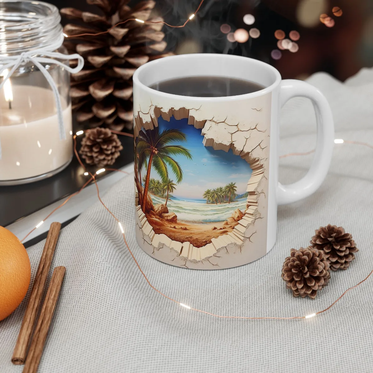 Taza Clásica Playa Tropical 11 oz – Diseño Efecto 3D Relajante