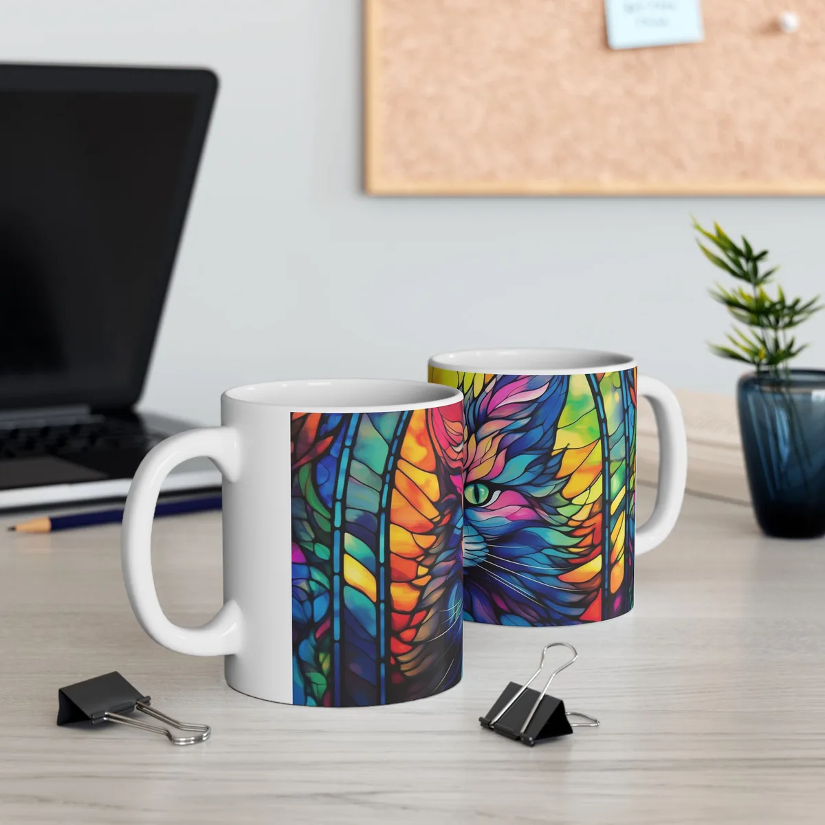 Taza Clásica Blanca – Diseño Gato Artístico Multicolor