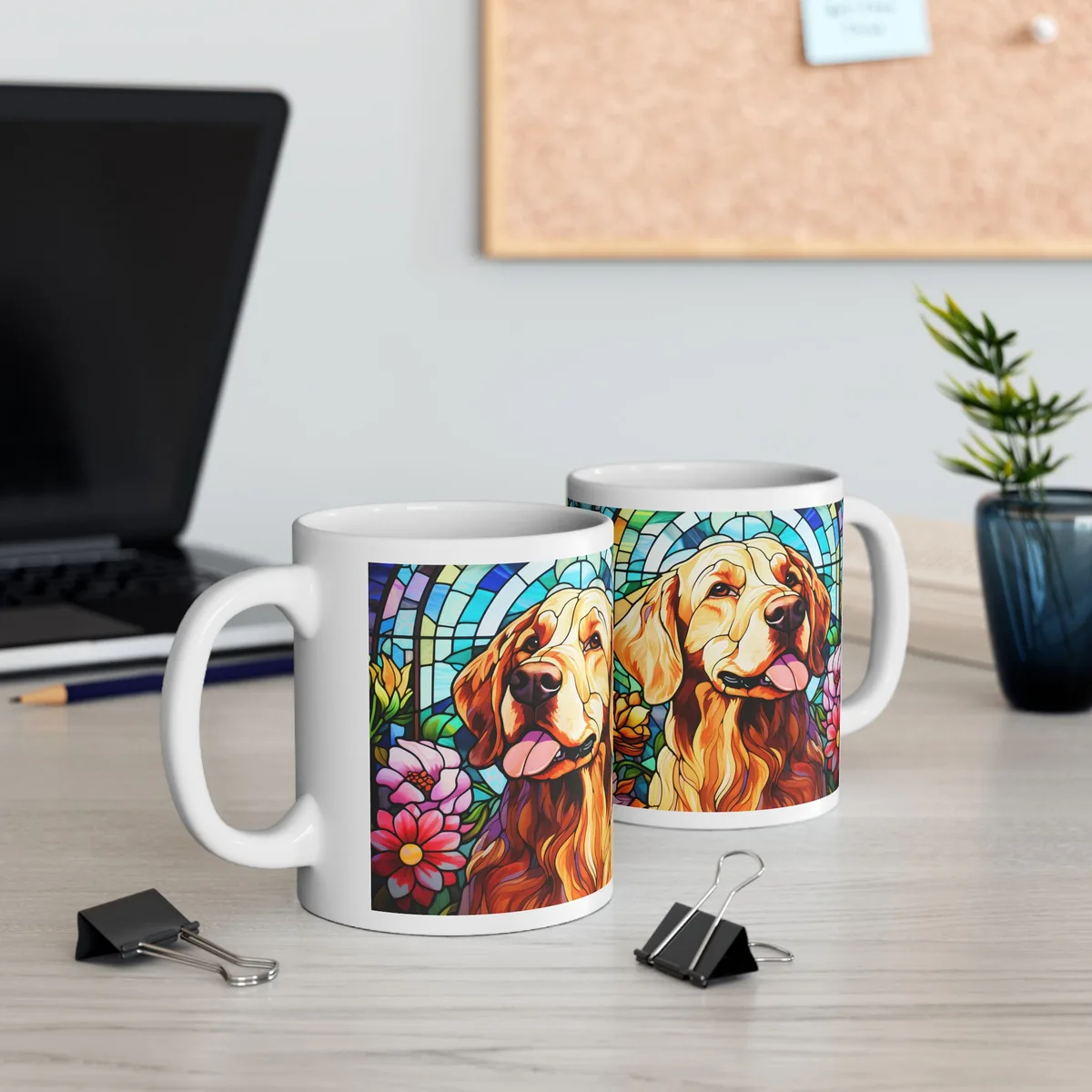 Taza Clásica Blanca – Diseño Golden Retriever con Flores