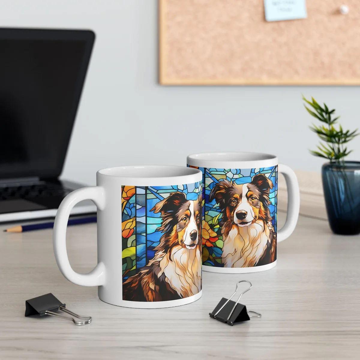 Taza Clásica Blanca – Pastor Australiano Estilo Vitral