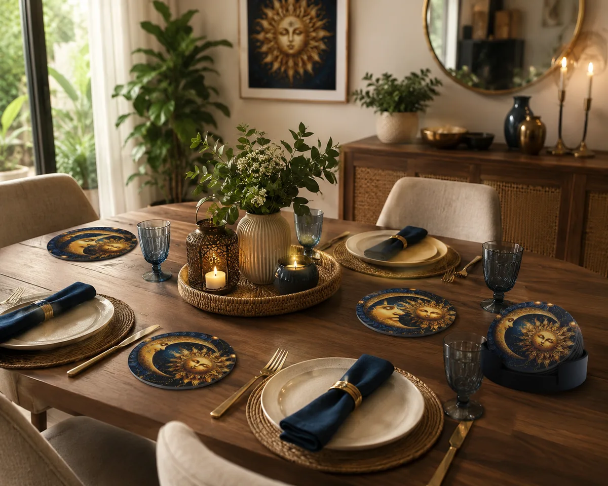 Posavasos decorativo con diseño celestial de Sol y Luna