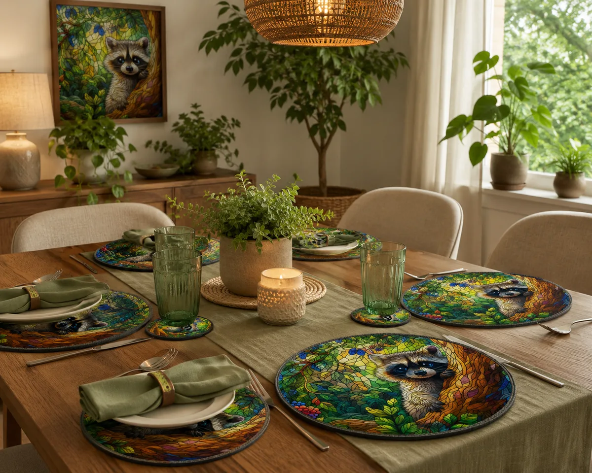 Posavasos Decorativo Mapache en Bosque de Vitral