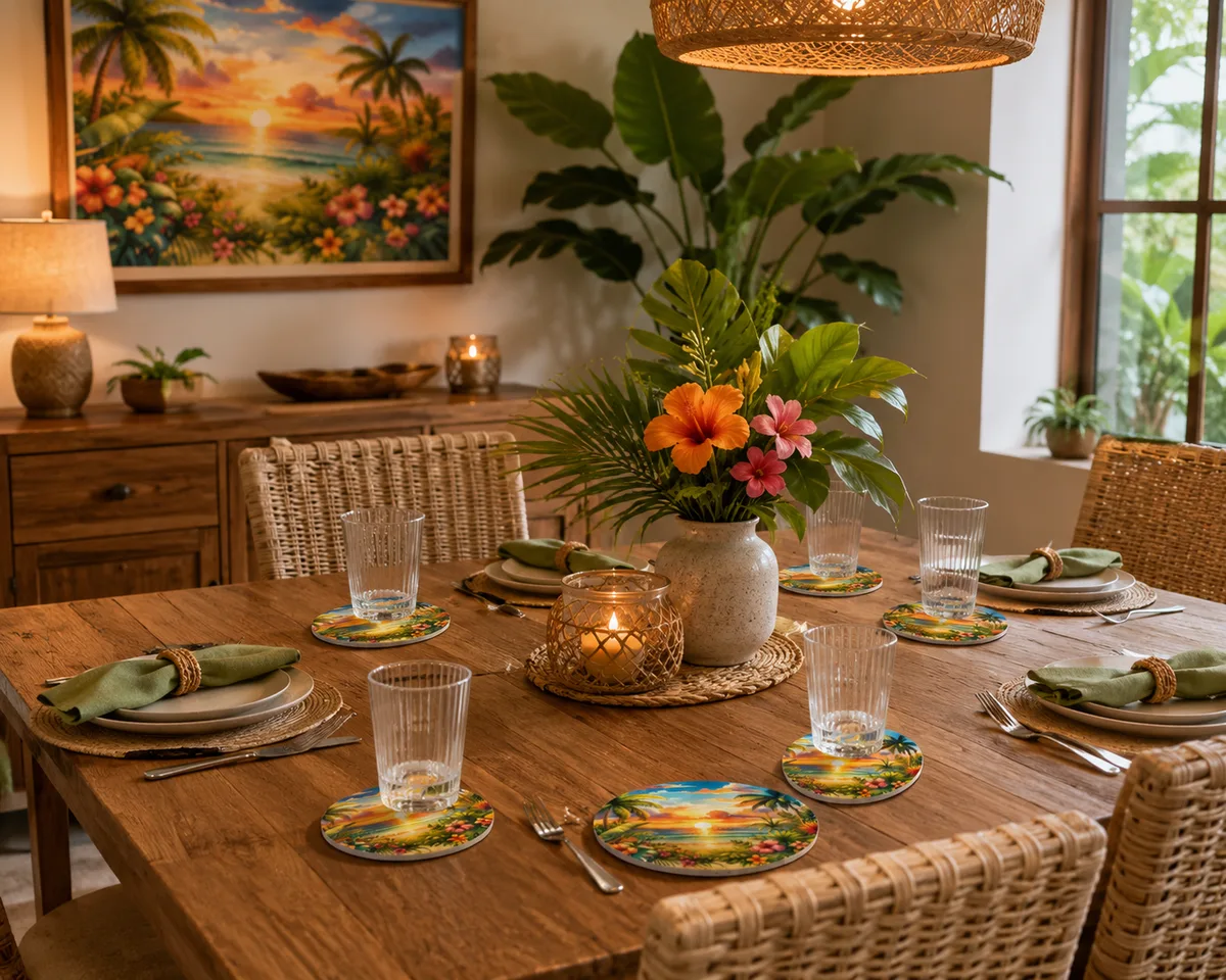 Posavasos Atardecer Tropical: Un Toque de Paraíso en tu Mesa
